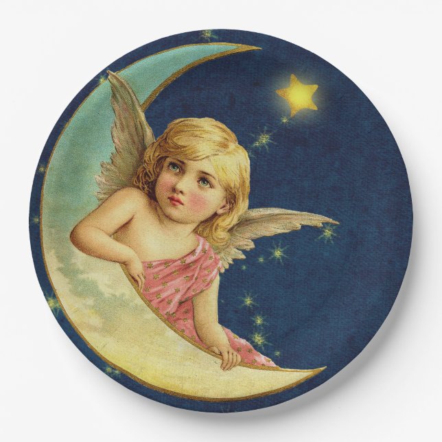 Prato De Papel Vintage Cherub Celestial Moon Angel Baby Girl Blue (Frente)