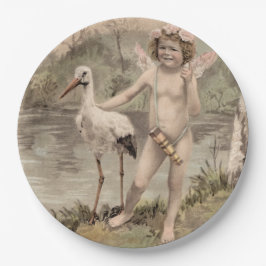 Prato De Papel Vintage Cherub com Stork pelo Lago