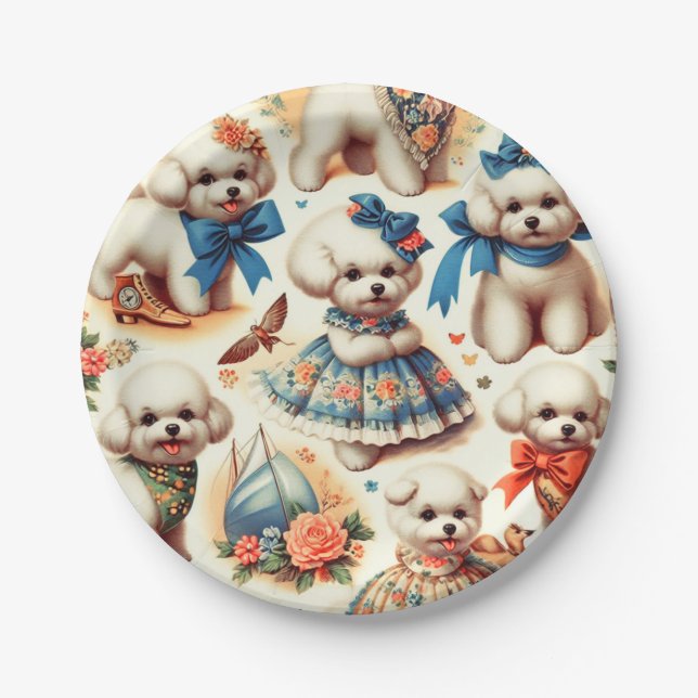 Prato De Papel Vintage Cute Bichon Frisé Painting (Frente)
