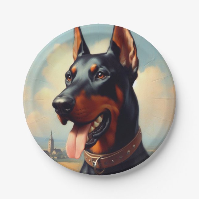 Prato De Papel Vintage Doberman Painting (Frente)