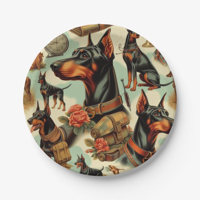 Prato De Papel Vintage Doberman Seamless Painting (Frente)