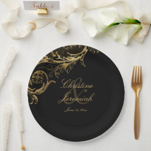 Prato De Papel Vintage Dourado Floral Damask Script Names Casamen