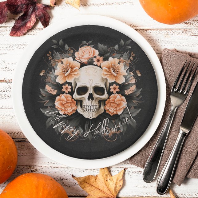 Prato De Papel Vintage Floral Skull Halloween (Spooky floral skull plates will add an elegant touch to your Halloween party.)