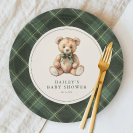 Prato De Papel Vintage Green Tartan Teddy Bear Baby Shower