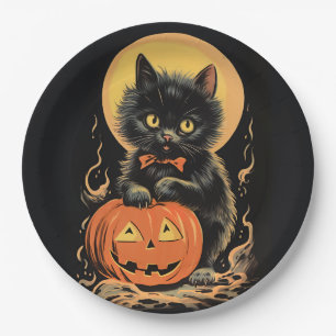 Prato De Papel Vintage Halloween Cat com Pumpkin