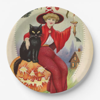 Prato De Papel Vintage Halloween Witness e Black Cat