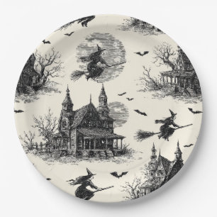 Prato De Papel Vintage Haunted House and Witch Toile Pattern (2)