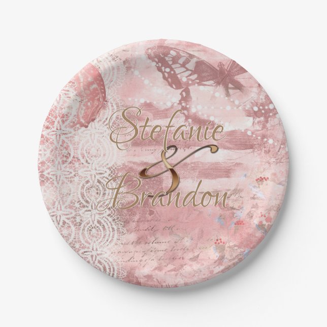 Prato De Papel Vintage Lace Rosa (Borboleta) (Frente)