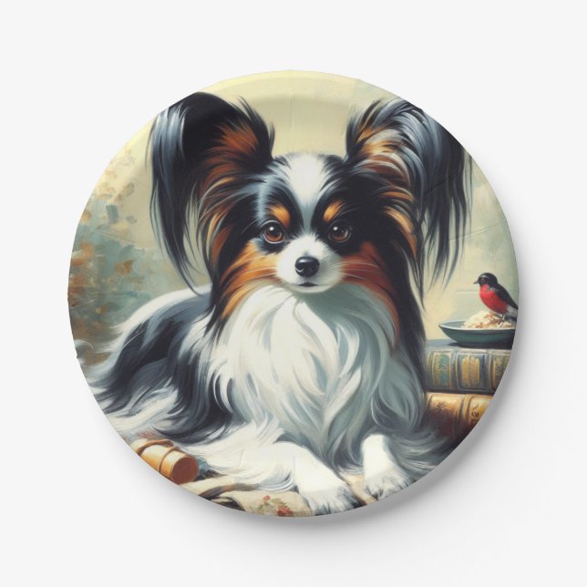 Prato De Papel Vintage Papillon Dog Painting (Frente)