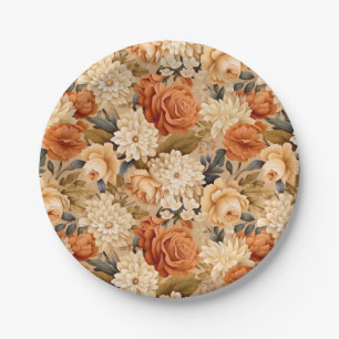 Prato De Papel Vintage queimou laranja torrado flores beges