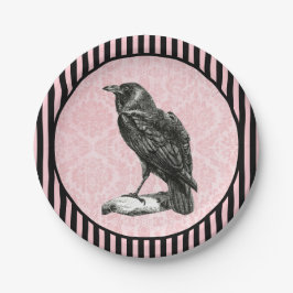 Prato De Papel Vintage Raven | Corvo em Damasco Rosa | Halloween