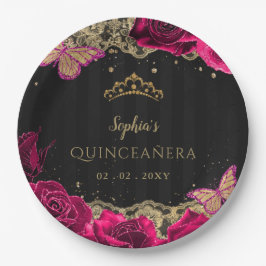 Prato De Papel Vintage Rosas Rosa Negras Lace Dourado Quinceañera