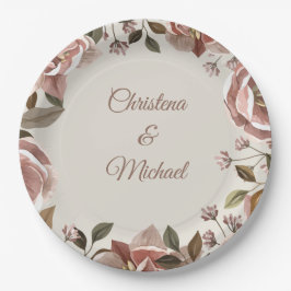Prato De Papel Vintage Rose & Greenery Wedding Paper Plate 