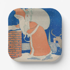 Prato De Papel Vintage Santa Claus em férias em Chimney