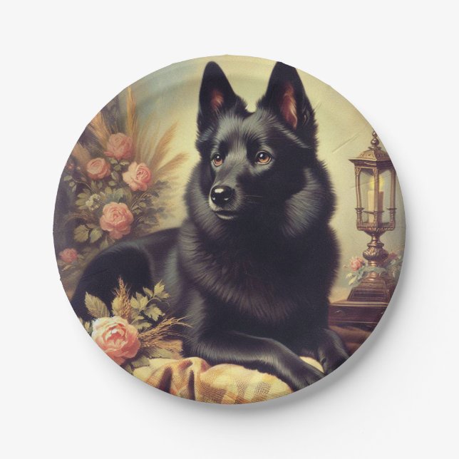 Prato De Papel Vintage Schipperke Dog Painting (Frente)