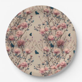 Prato De Papel Vintage Spring Roses with Blue Butterflies