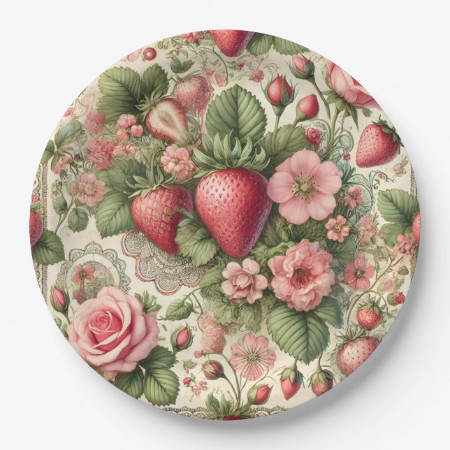 Prato De Papel Vintage Strawberry primeiro aniversario Party (Frente)