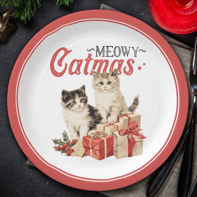 Prato De Papel Vintage Style Meowy Catmas Natal (Criador carregado)