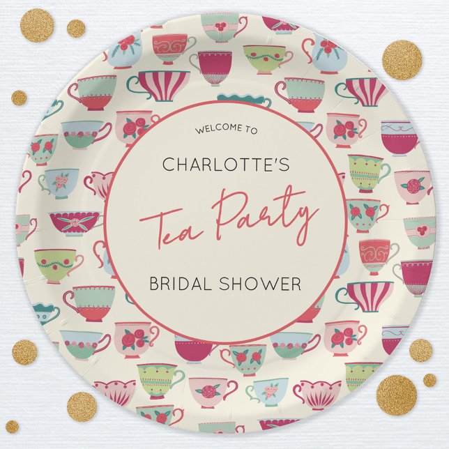 Prato De Papel Vintage Tea Party Bridal Shower (Modern vintage teacup pattern personalized bridal shower tea party paper plates)