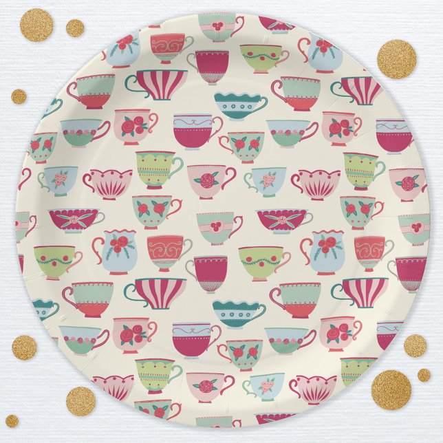 Prato De Papel Vintage Teacup Tea Party (Modern vintate teacup tea party pattern paper plates)