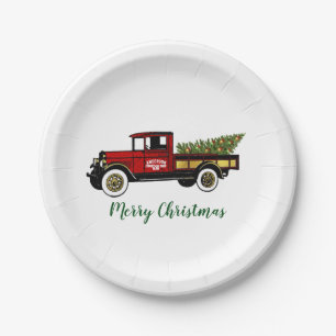 Prato De Papel Vintage Truck Árvore de Natal Fazenda seu texto