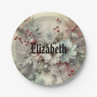 Prato De Papel Vintage Watercolor Christmas Floral and Ornaments