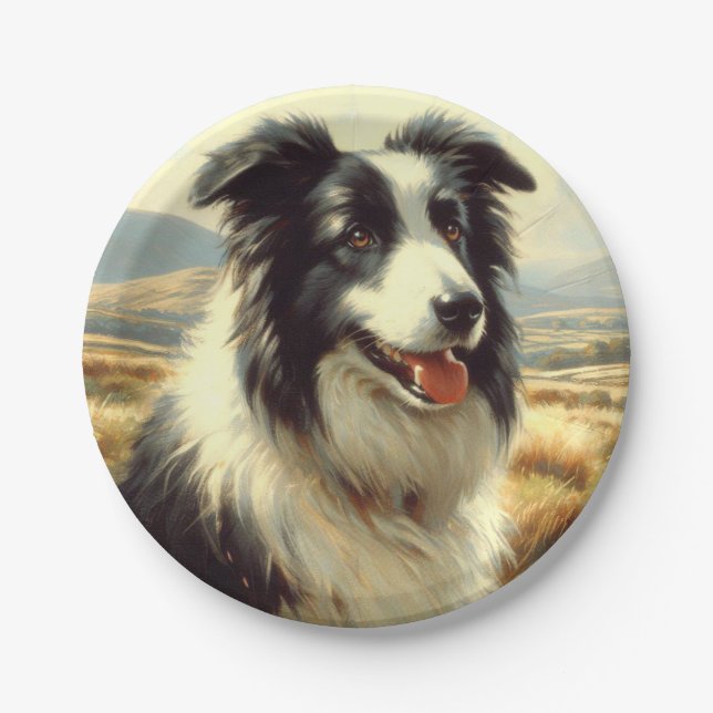 Prato De Papel Vintage Welsh Sheepdog Painting (Frente)