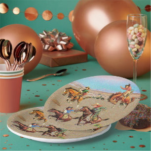 Prato De Papel Vintage Western Cowboy Kids em Cavalos