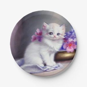 Prato De Papel Vintage White Kitten com Flores Rosa e Púrpura