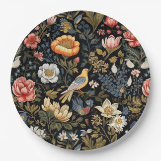 Prato De Papel Vintagem de aves e flores amarelas do jardim enton