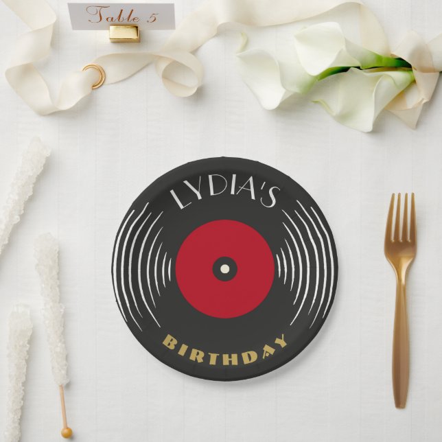 Prato De Papel Vinyl Record Art Deco Birthday Paper Plate  (Casamento)