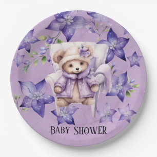 Prato De Papel Violet Teddy Bear Cadeira Estrelas Chá de fraldas 