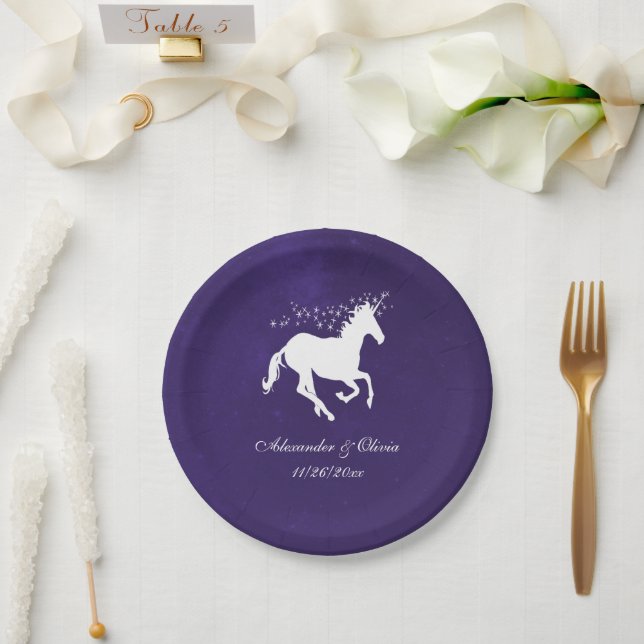 Prato De Papel Violet Unicorn Wedding Plate (Casamento)