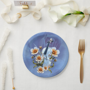Prato De Papel Violino Branco com Flores - Música e Natureza Eleg