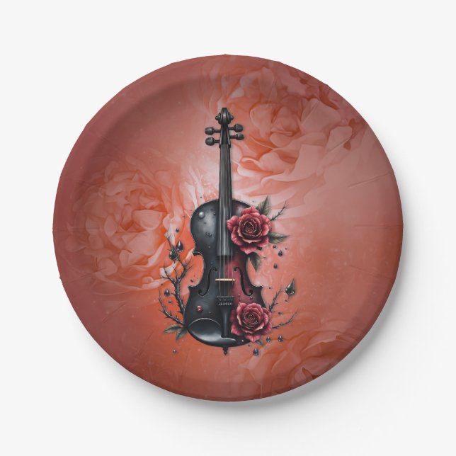 Prato De Papel Violino preto gótico com rosas vermelhas (Frente)