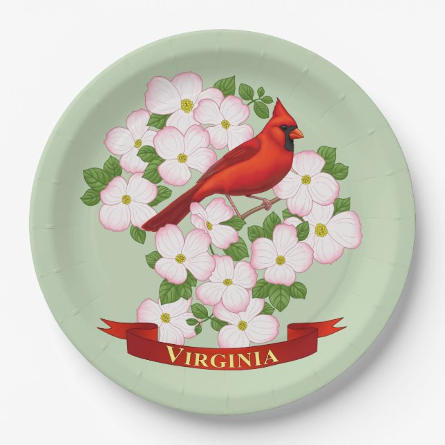Prato De Papel Virginia State Cardinal Bird e Dogwood Flower (Frente)