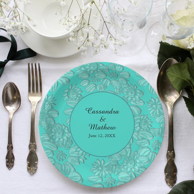 Prato De Papel Visitas Elegantes no Casamento Turquesa (Elegant Daisies in Turquoise Wedding Paper Plates)