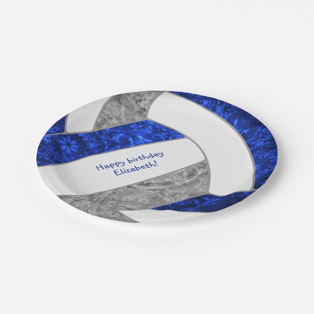 Prato De Papel vôlei de cinza azul da festa de aniversário da men (Inclinado)