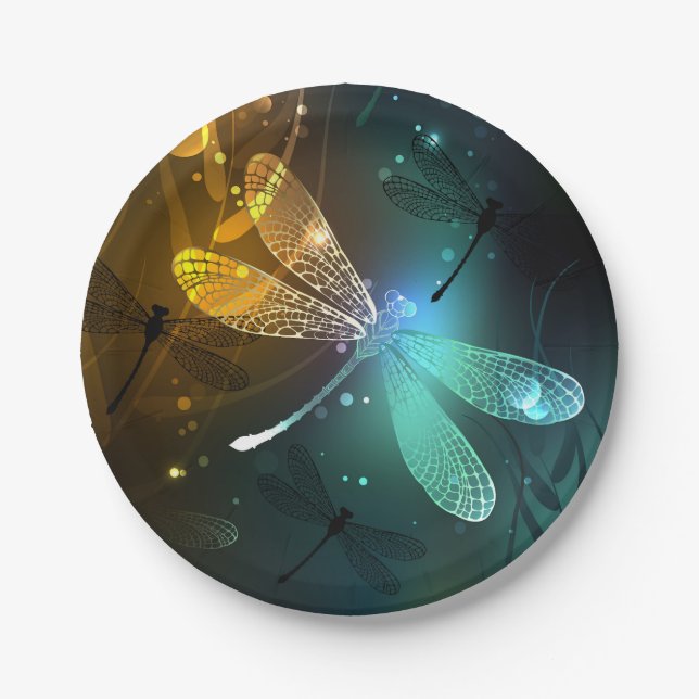 Prato De Papel Voo luminoso verde de libélula (Frente)