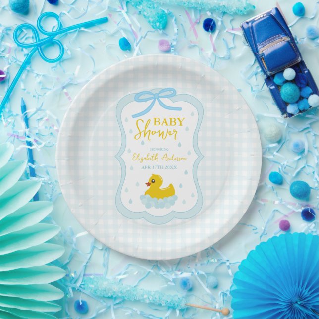 Prato De Papel Water Droplets Gingham Boy Baby Shower (Festa)