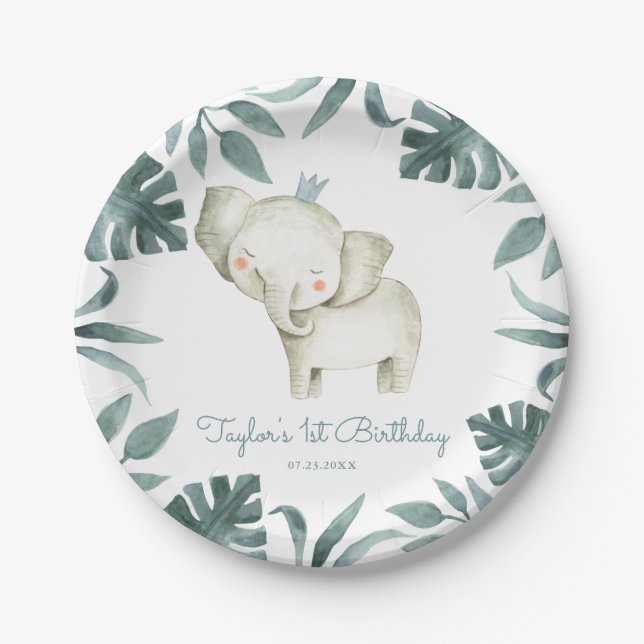 Prato De Papel Watercolor Baby Elephant Prince Tropical Birday (Frente)
