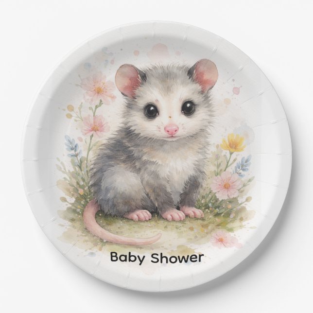 Prato De Papel Watercolor Baby Possum Baby Shower (Frente)