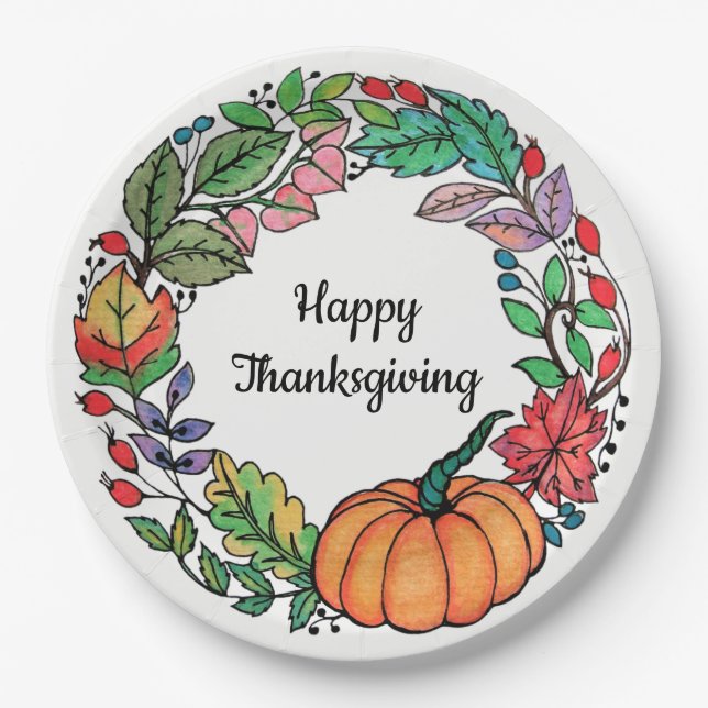 Prato De Papel Watercolor Belo Pumpkin Wreath com folhas (Frente)