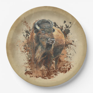 Prato De Papel Watercolor Bison Buffalo Animal Willife Nature