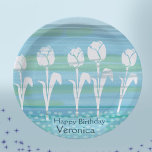 Prato De Papel Watercolor Blue Birthday Kids Tulip<br><div class="desc">Lindo FESTA de PAPEL de aquarela é prato para uma festa de aniversário de menina com tulipas em um fundo de gradiente azul. Este design ajustado o convite principal para uma garota com um gato usando lindas tulipas rosa. Você pode encontrar placas quadradas semelhantes com uma viagem branca com o...</div>