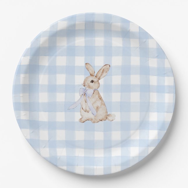 Prato De Papel Watercolor Blue Gingham Bunny (Frente)