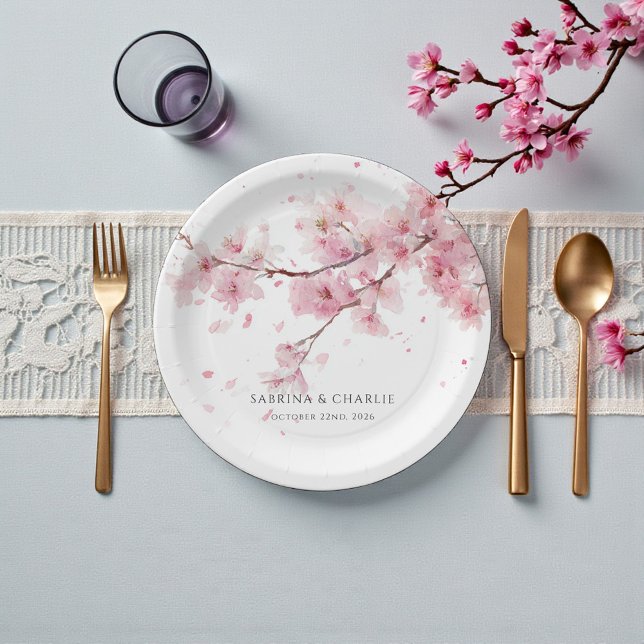 Prato De Papel Watercolor Blush Pink Cherry Blossom Wedding (Watercolor Blush Pink Cherry Blossom Wedding Paper Plates)