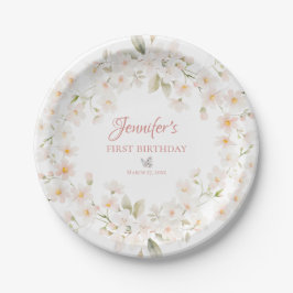 Prato De Papel Watercolor Bunny and Floral First Birthday