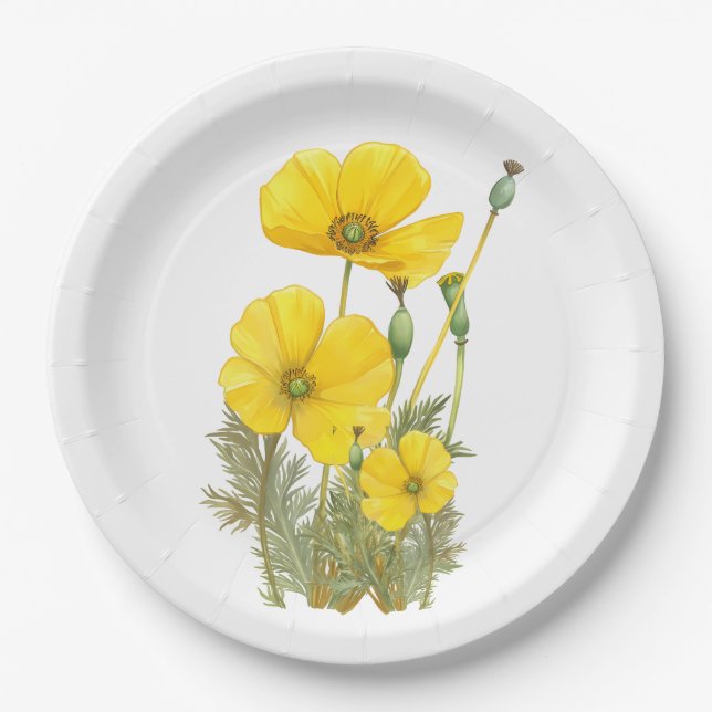 Prato De Papel Watercolor California Poppy Yellow Flower (Frente)