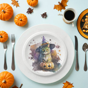 Prato De Papel Watercolor Cat Halloween